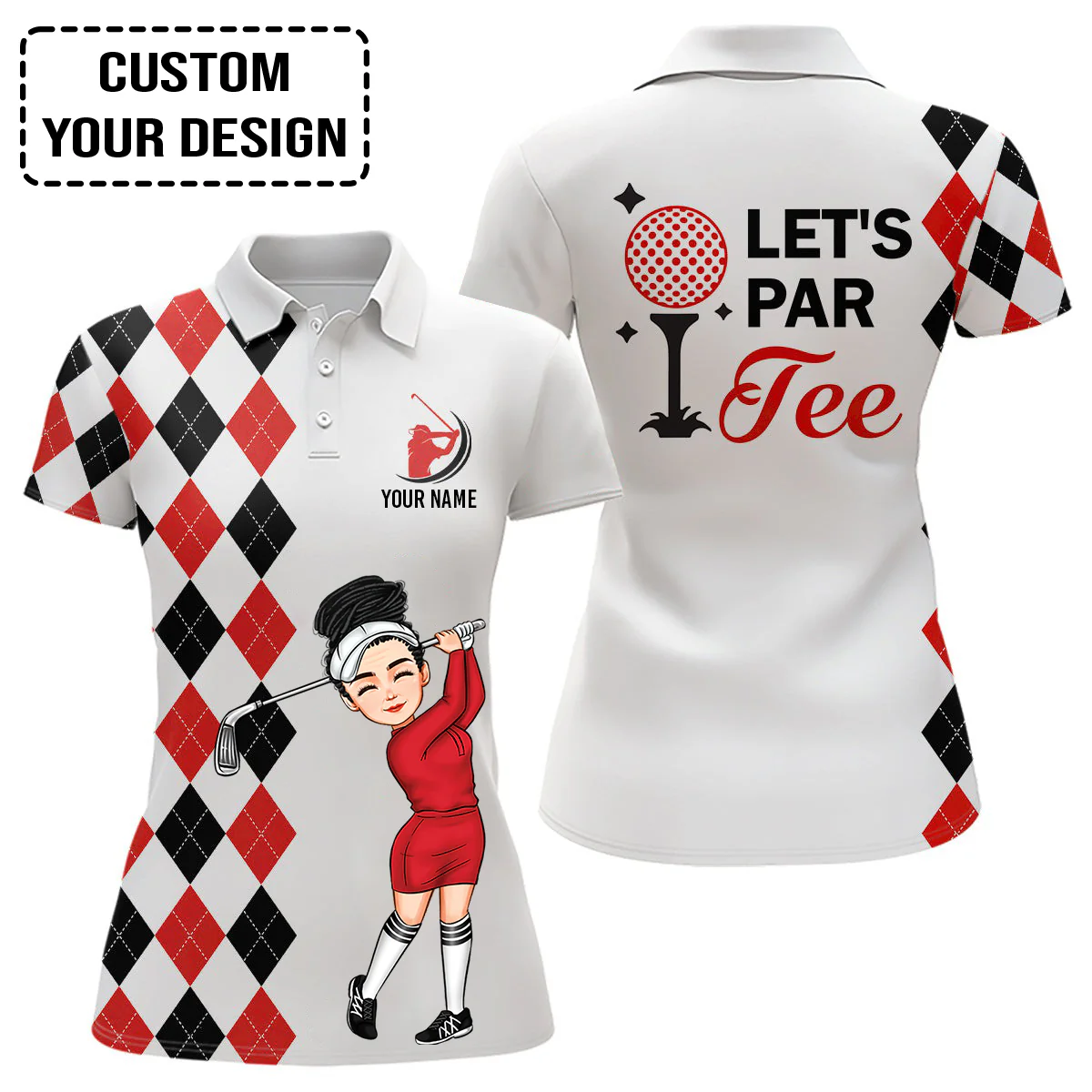 Golf Custom Women Polo Shirt, Argyle pattern Women golf polo shirt, Personalized Let's par tee Women Golf Polo Shirt - Image 4