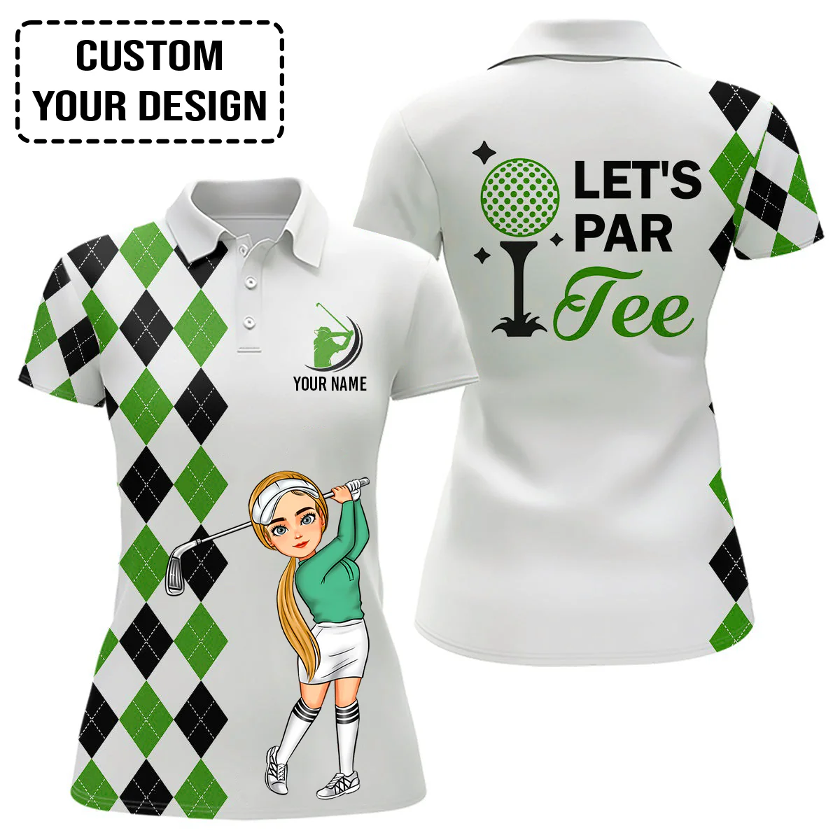 Golf Custom Women Polo Shirt, Argyle pattern Women golf polo shirt, Personalized Let's par tee Women Golf Polo Shirt - Image 5
