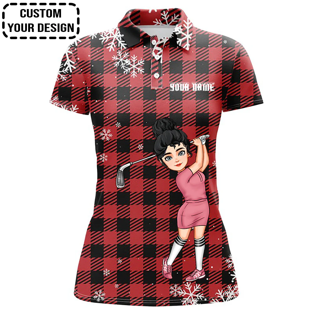 Golf Custom Women Polo Shirt, Christmas Snowflakes On Red Black Plaid Personalized Women Golf Polo Shirt - Image 2