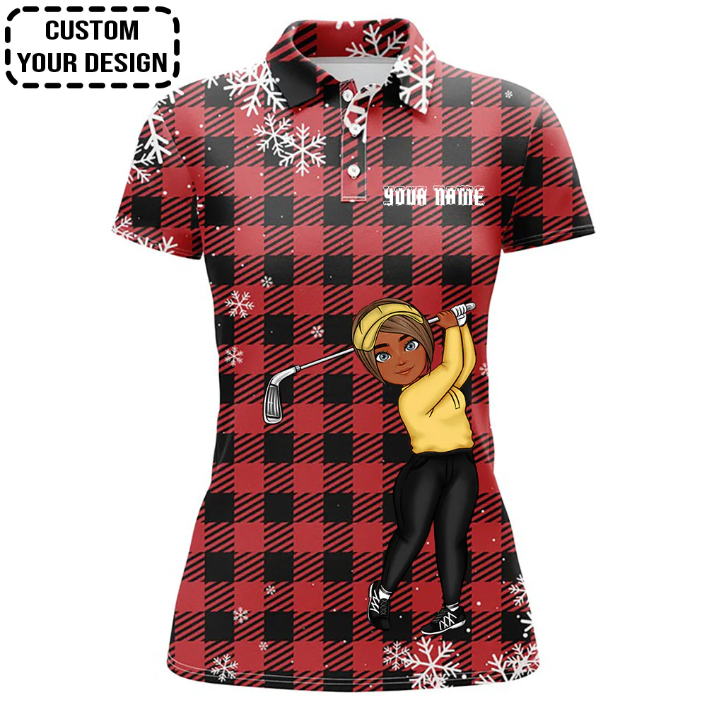 Golf Custom Women Polo Shirt, Christmas Snowflakes On Red Black Plaid Personalized Women Golf Polo Shirt - Image 3