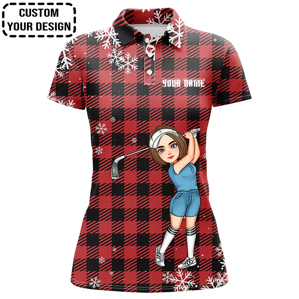 Golf Custom Women Polo Shirt, Christmas Snowflakes On Red Black Plaid Personalized Women Golf Polo Shirt - Image 4