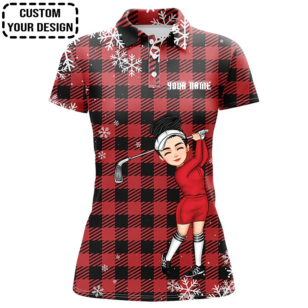 Golf Custom Women Polo Shirt, Christmas Snowflakes On Red Black Plaid Personalized Women Golf Polo Shirt - Image 5