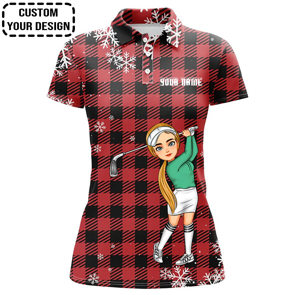 Golf Custom Women Polo Shirt, Christmas Snowflakes On Red Black Plaid Personalized Women Golf Polo Shirt - Image 6