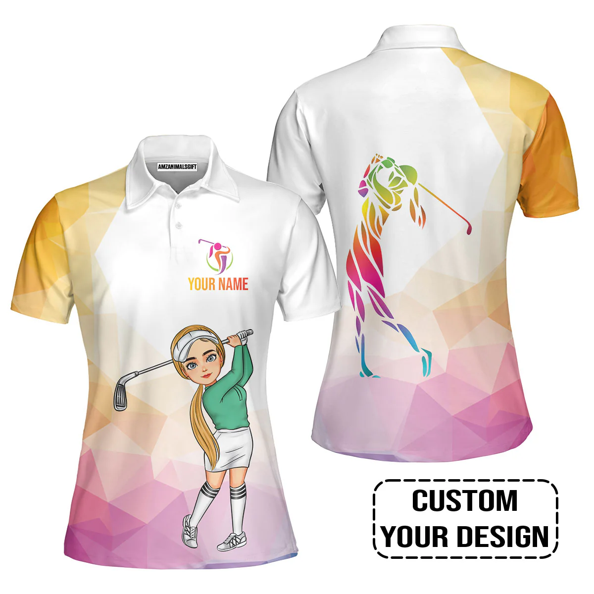 Golf Custom Women Polo Shirt, Colorful Rainbow Polygonal Personalized Women Polo Shirt - Image 2