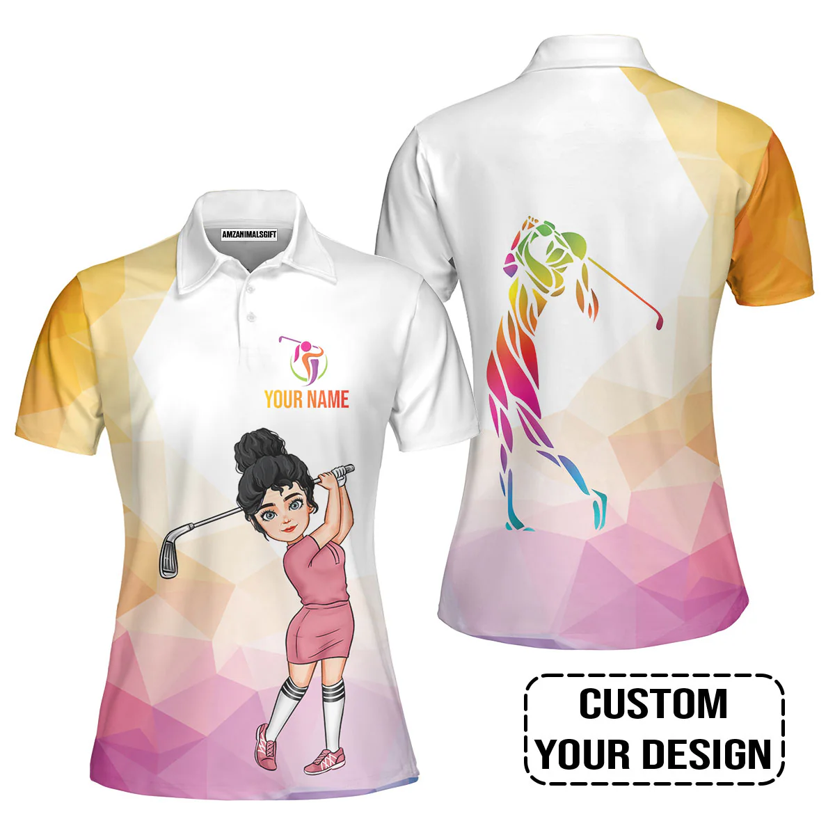Golf Custom Women Polo Shirt, Colorful Rainbow Polygonal Personalized Women Polo Shirt - Image 3