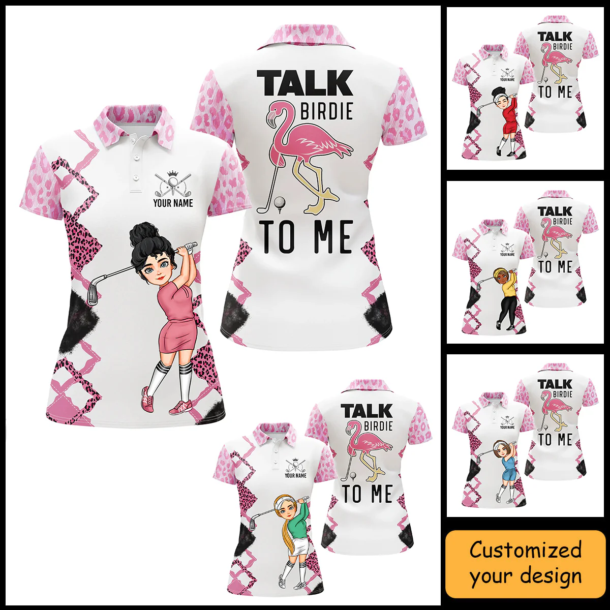 Golf Custom Women Polo Shirt, Funny Pink Leopard Women Golf Polo Shirt, Talk Birdie To Me Personalized Women Polo Shirt