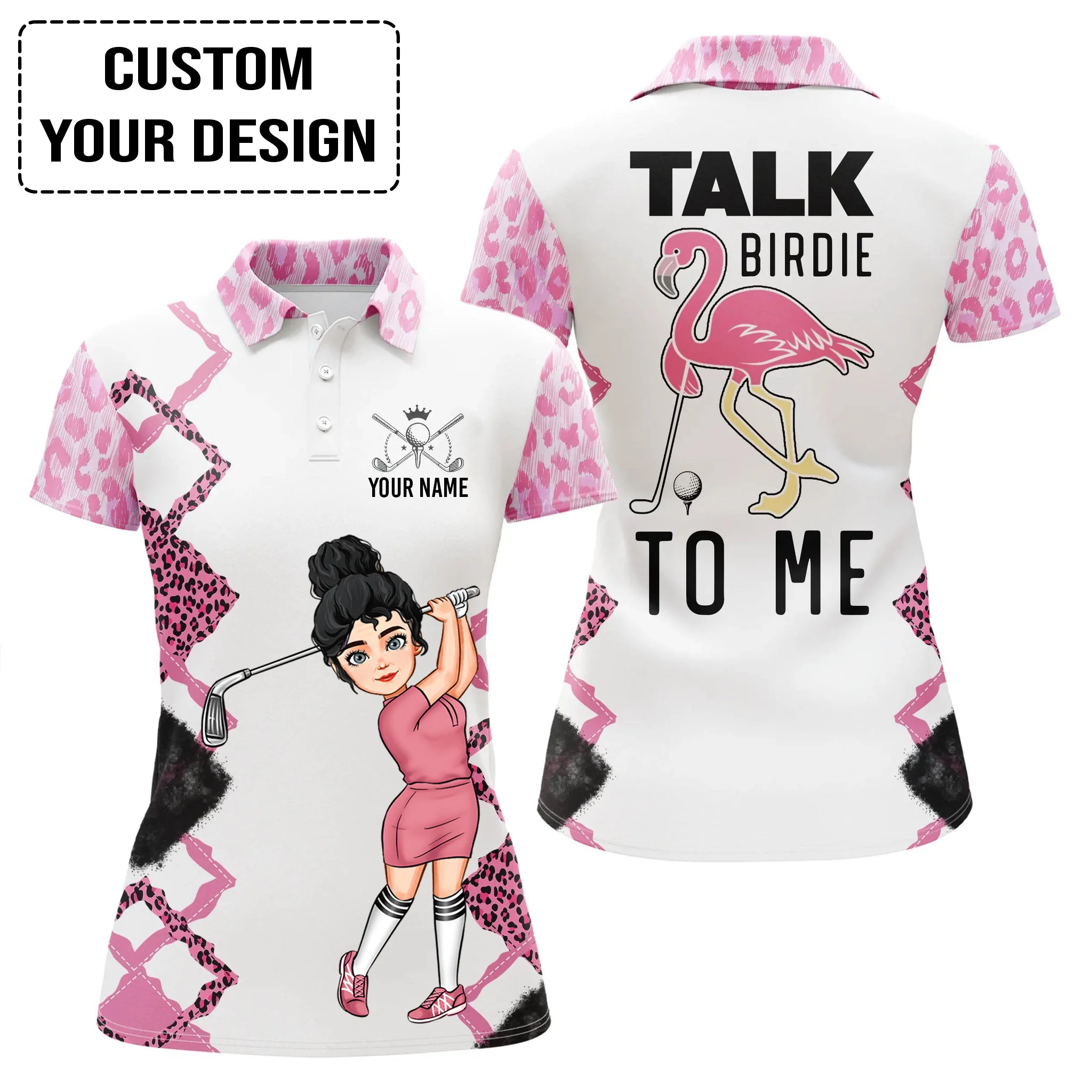 Golf Custom Women Polo Shirt, Funny Pink Leopard Women Golf Polo Shirt, Talk Birdie To Me Personalized Women Polo Shirt - Image 2