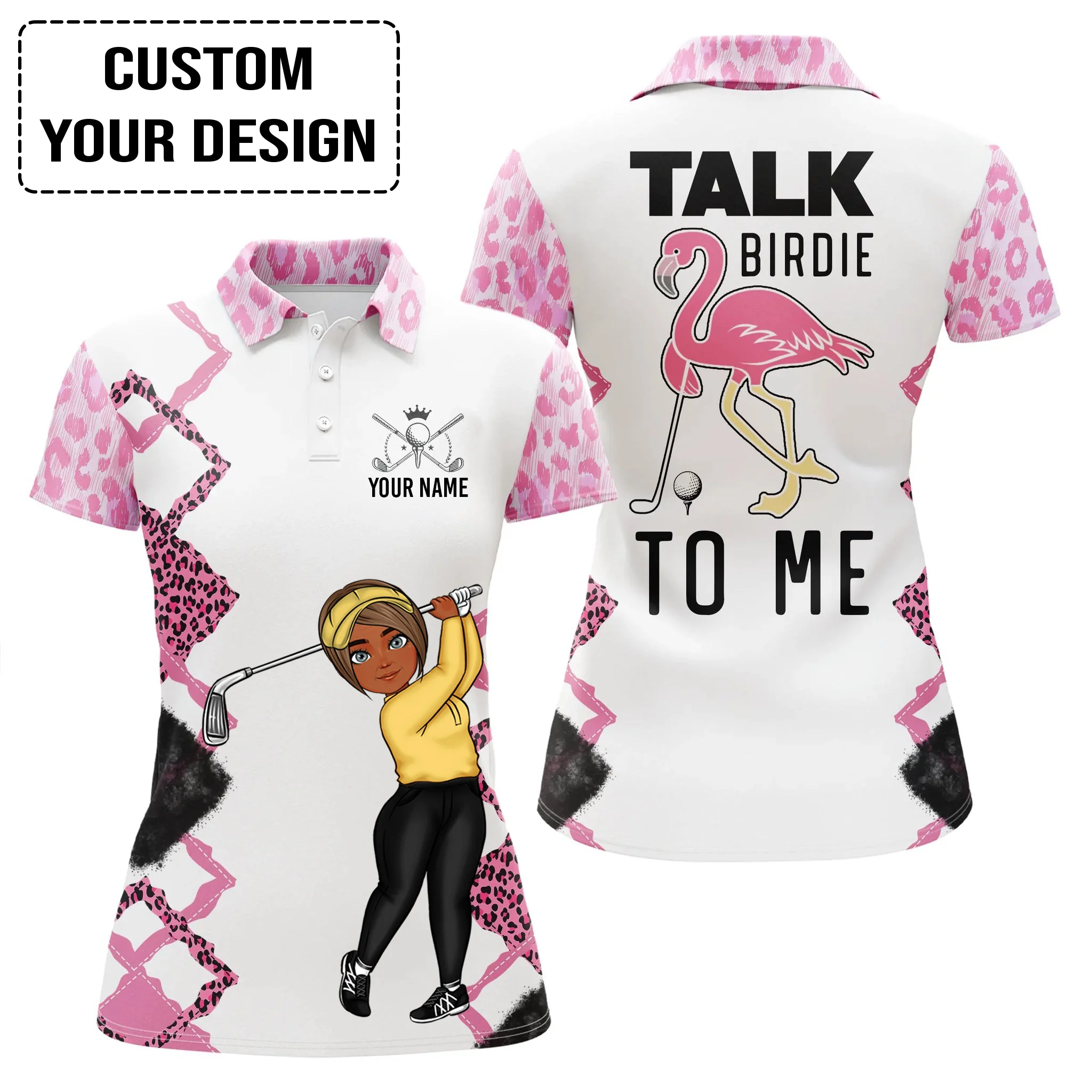 Golf Custom Women Polo Shirt, Funny Pink Leopard Women Golf Polo Shirt, Talk Birdie To Me Personalized Women Polo Shirt - Image 3