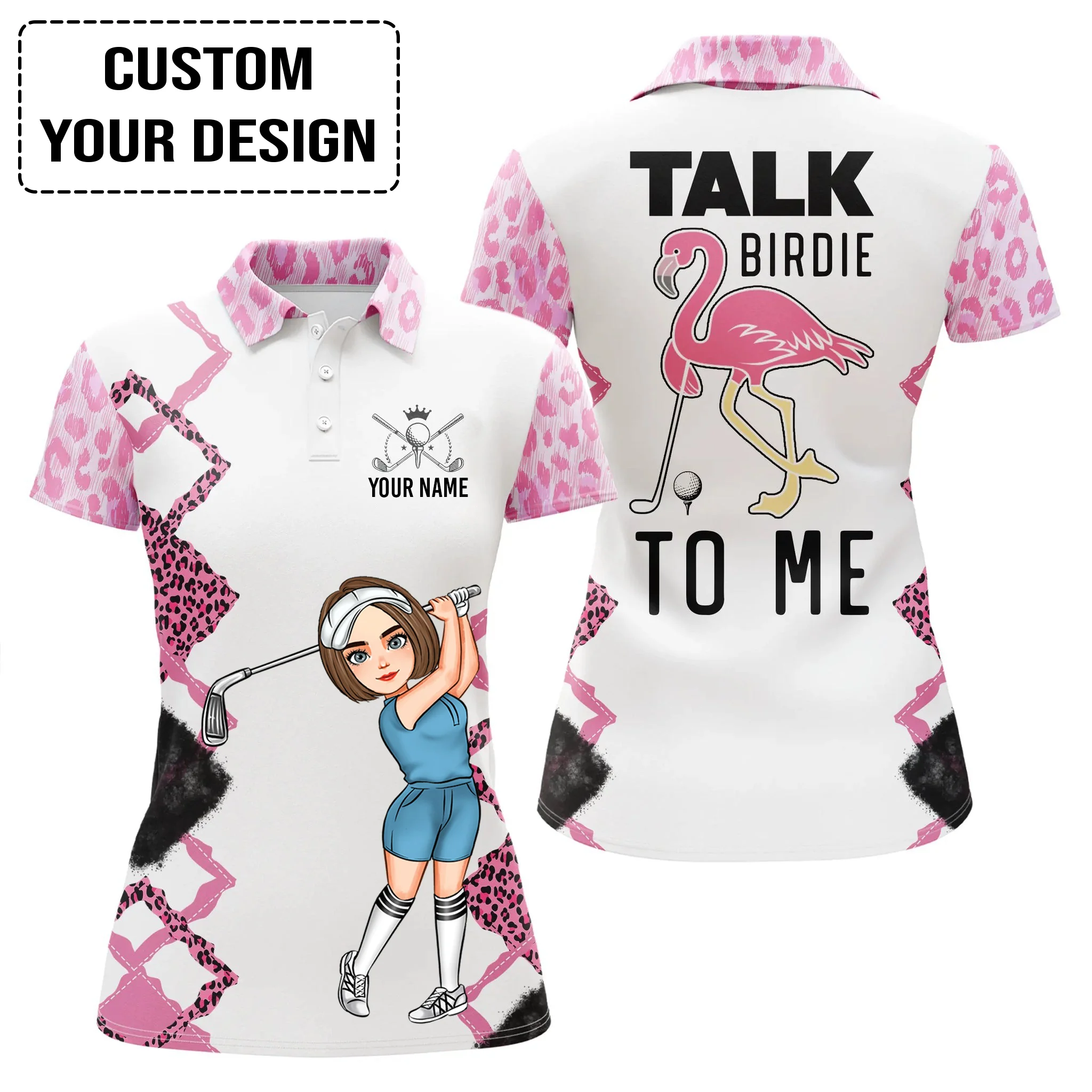 Golf Custom Women Polo Shirt, Funny Pink Leopard Women Golf Polo Shirt, Talk Birdie To Me Personalized Women Polo Shirt - Image 4