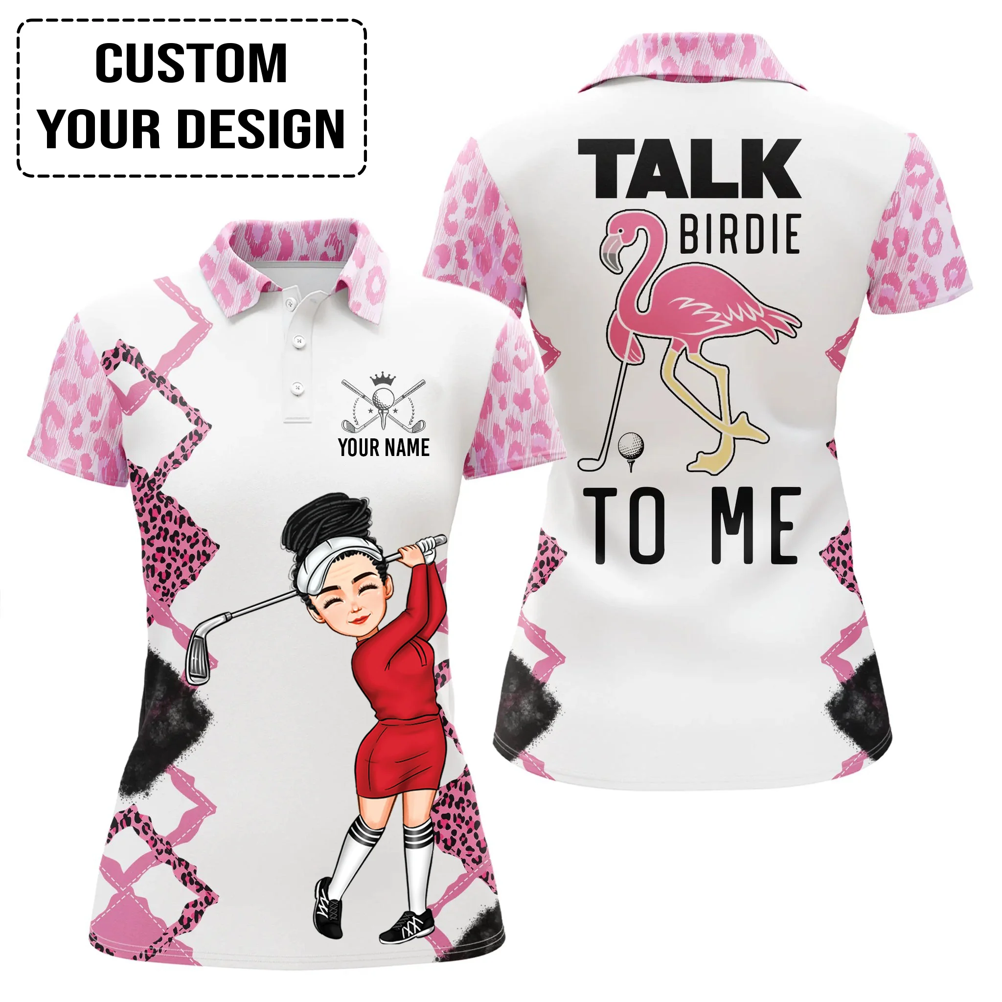 Golf Custom Women Polo Shirt, Funny Pink Leopard Women Golf Polo Shirt, Talk Birdie To Me Personalized Women Polo Shirt - Image 5