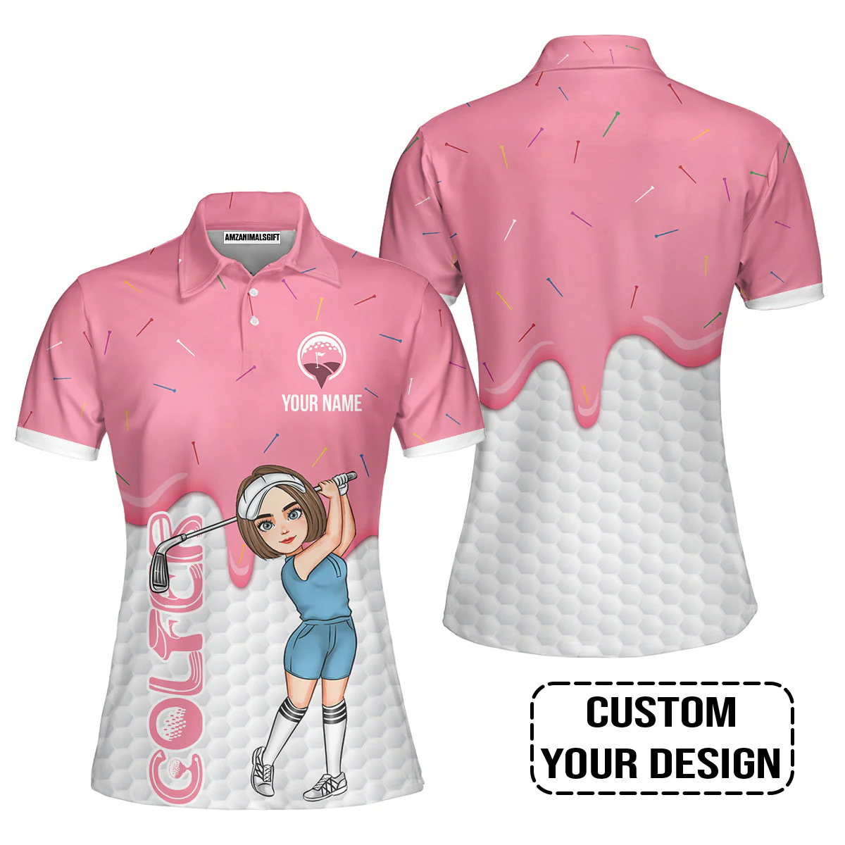 Golf Custom Women Polo Shirt, Ice Cream Melting On Golf Ball Cone Personalized Women Polo Shirts - Image 5