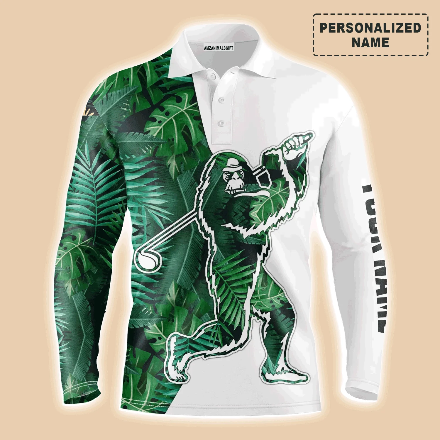 Golf Customized Name Men Polo Shirt, Bigfoot, Tropical Green Leaves Pattern Sasquatch Playing Golf Polo Shirt For Men - Gift For Golfers, Golf Lovers - Image 2