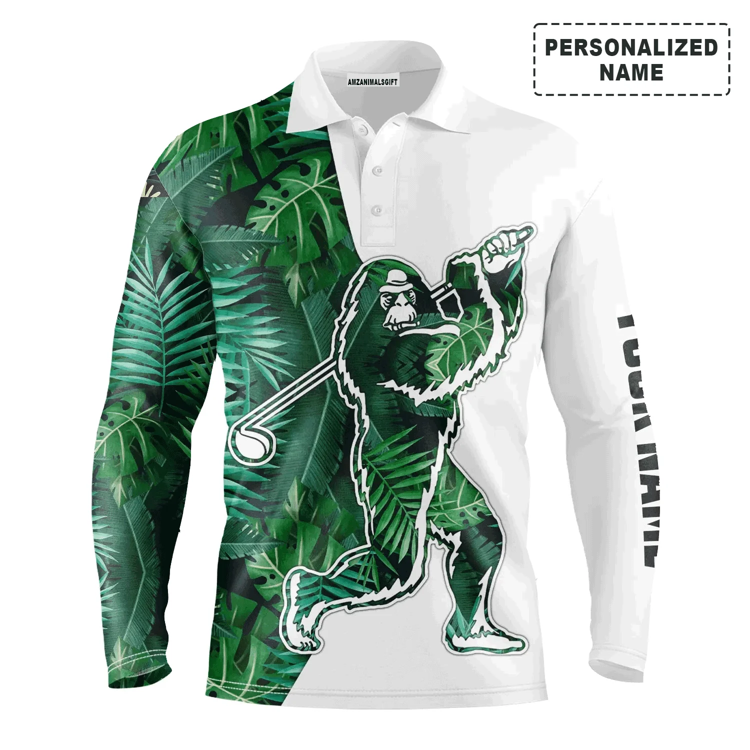 Golf Customized Name Men Polo Shirt, Bigfoot, Tropical Green Leaves Pattern Sasquatch Playing Golf Polo Shirt For Men - Gift For Golfers, Golf Lovers - Image 3
