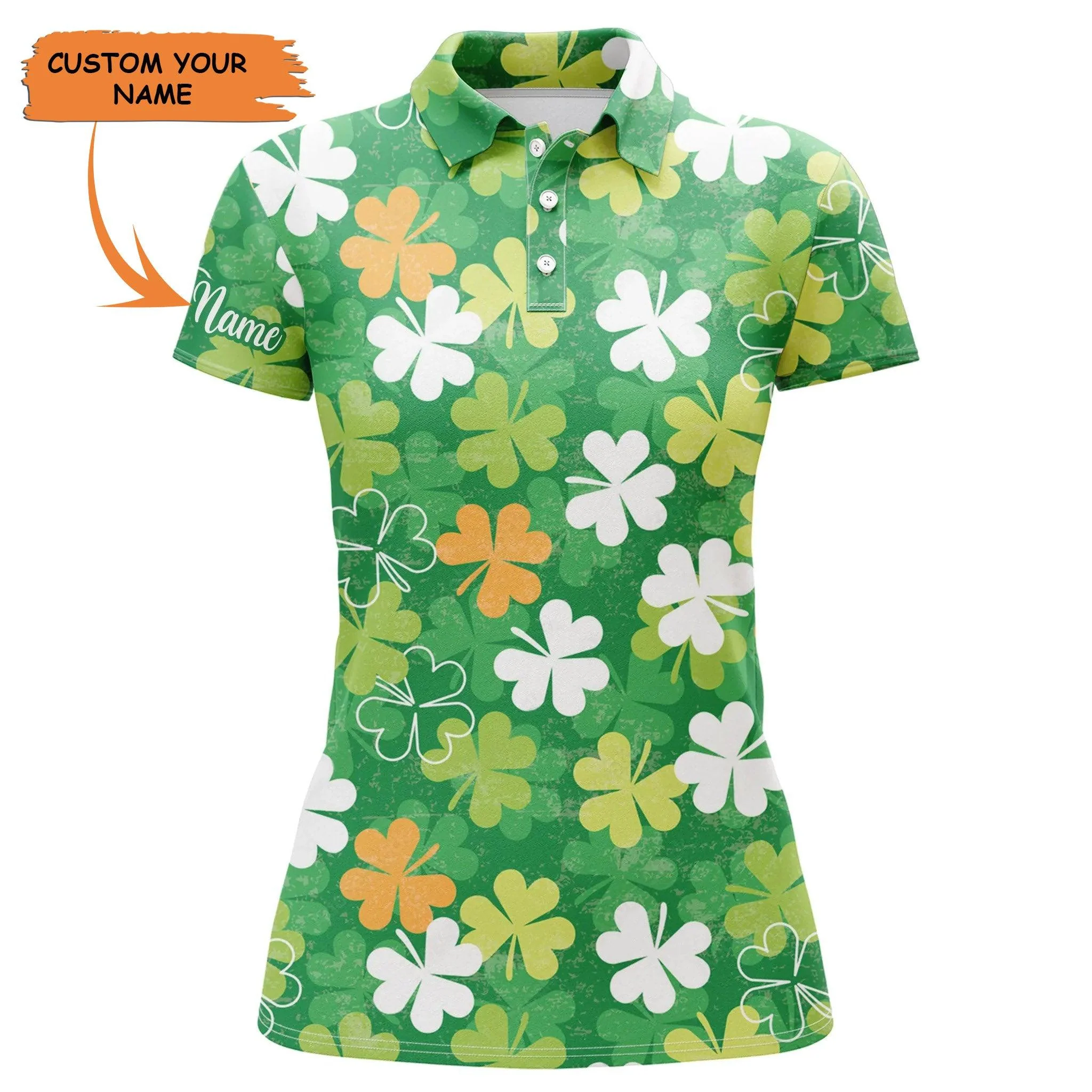 Golf Customized Name Women Polo Shirts, Saint Patrick, Personalized Green Clover Pattern For Ladies - Perfect Polo Shirt For Women, St. Patrick's Day