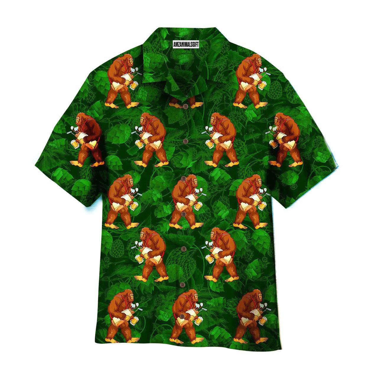 Golf Hawaiian Shirt, Bigfoot Love Golf And Beer Leaves Pattern Green Aloha Hawaiian Shirts For Men and Women - Gift For Golfer, Friend, Family