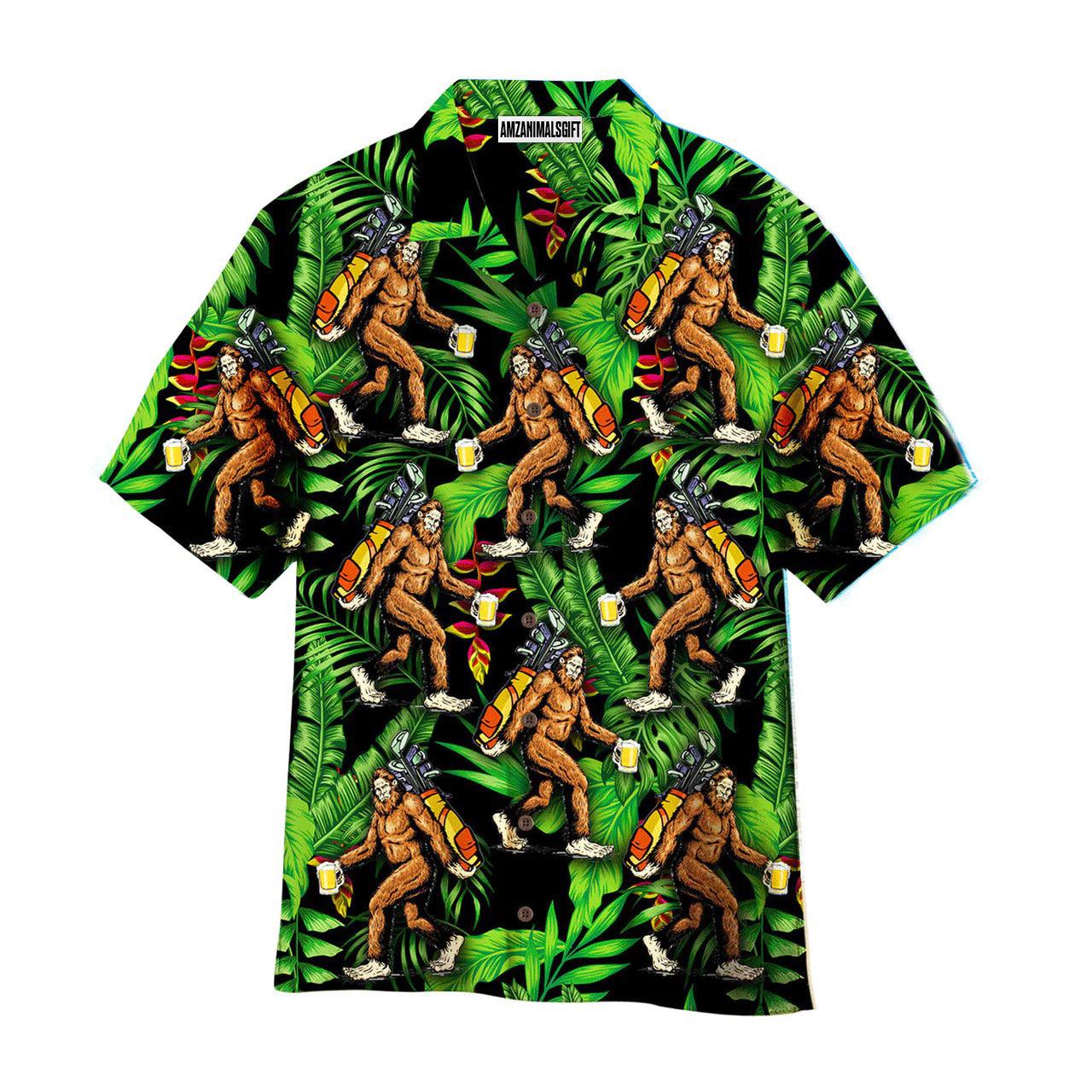Golf Hawaiian Shirt, Bigfoot Love Golf And Beer Palm Leaves Pattern Aloha Hawaiian Shirts For Men and Women - Gift For Golfer, Friend, Family