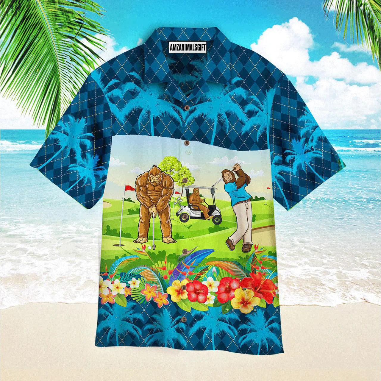 Golf Hawaiian Shirt, Bigfoot Playing Golf Tropical Palm Trees Pattern Blue Aloha Hawaiian Shirts For Men and Women - Gift For Golfer, Friend, Family