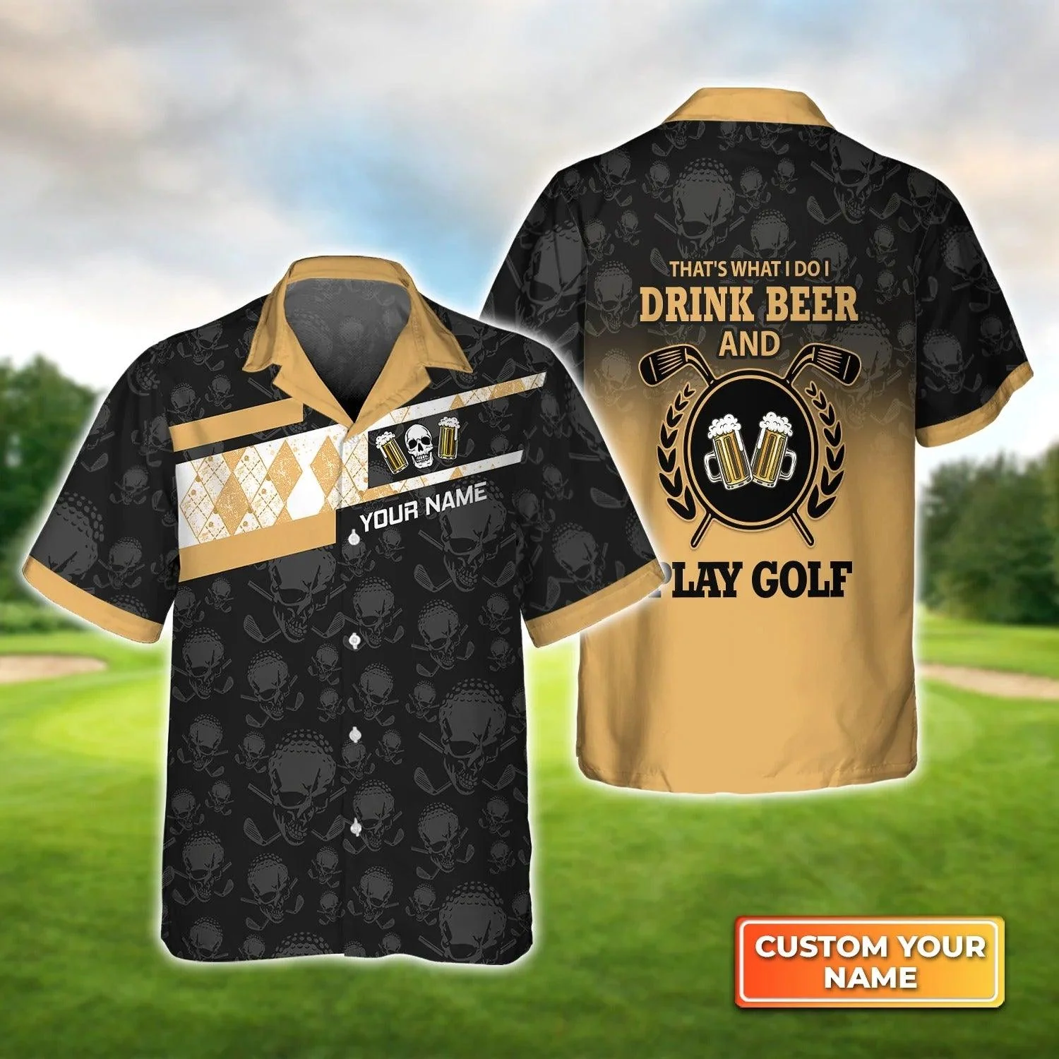 Golf Hawaiian Shirt Custom Name, Golf And Beer Skull Argyle Pattern Personalized Aloha Shirt For Men Women - Perfect Gift For Golfer, Friend, Family