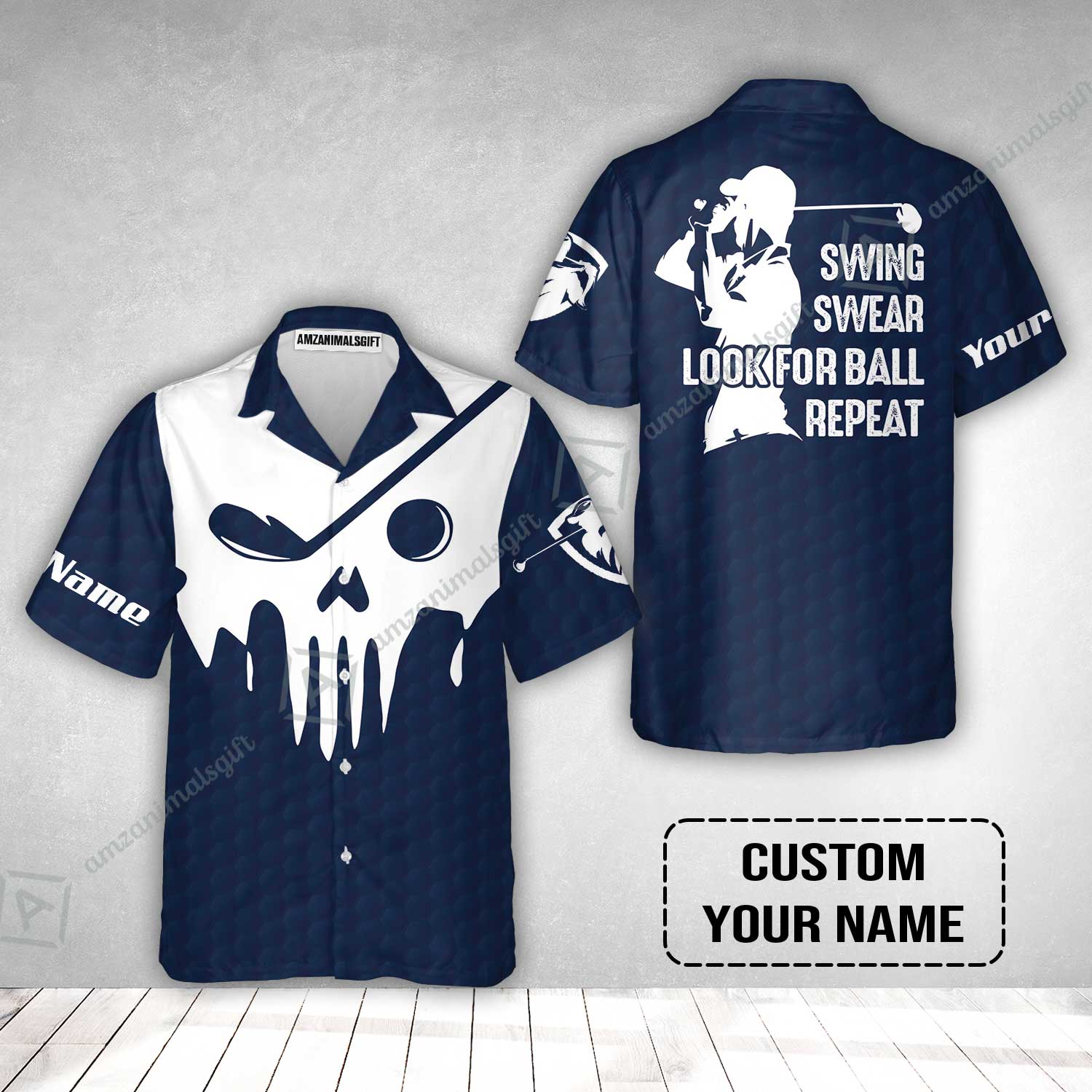 Golf Hawaiian Shirt - Custom Name Golf Skull - Swing Swear Look For Ball Repeat Hawaiian Shirt - Image 2