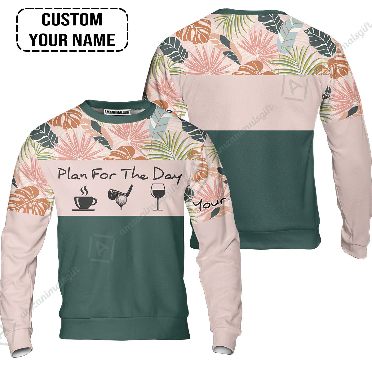Golf Hawaiian Shirt - Custom Name Tropical Leaves Floral Apparel - Plan For The Day Coffee Golf Wine - Image 5
