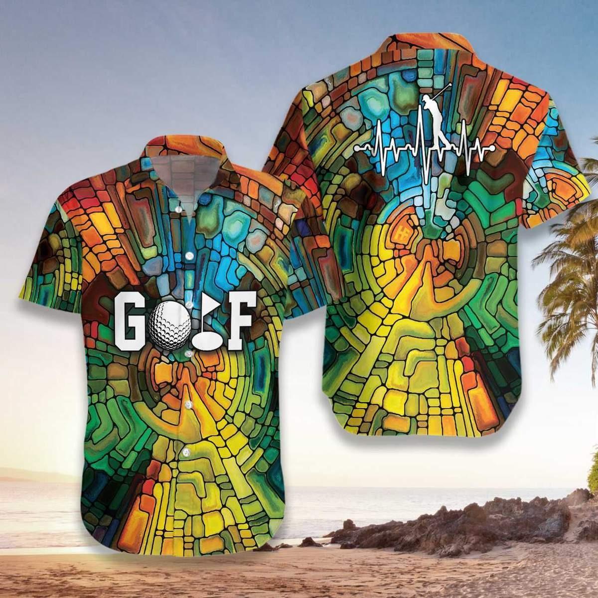 Golf Hawaiian Shirt, Golf Heartbeat Watercolor Golf Aloha Hawaiian Shirts For Men and Women - Gift For Friend, Family, Golfer