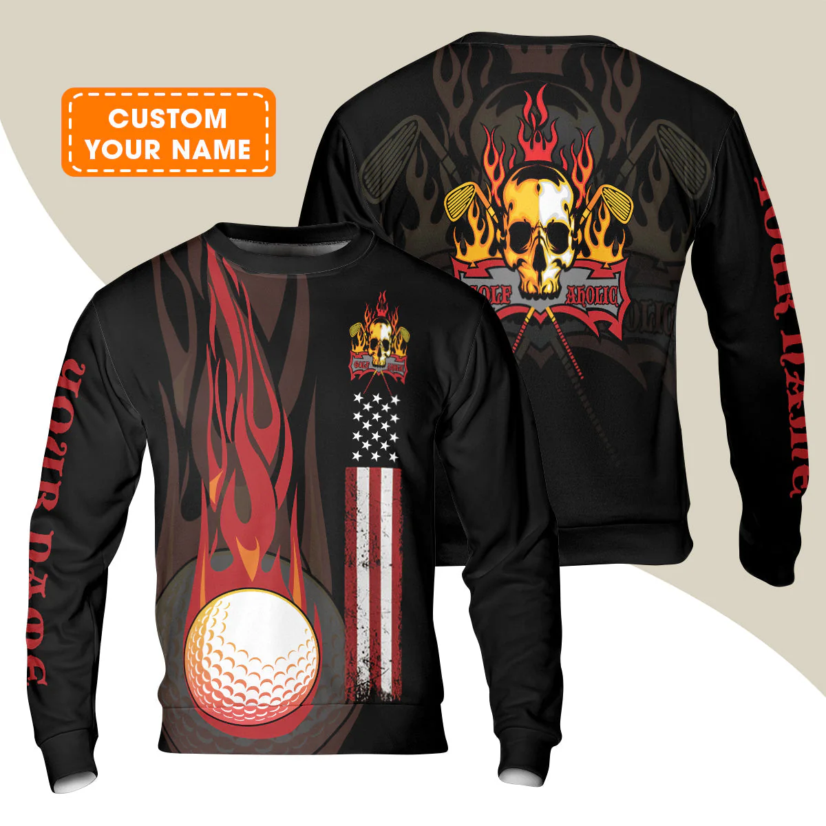 Golf Hoodie - Flame Skull Golf Ball American Flag Custom Name Hoodie - Personalized Gift For Golf Lover, Men, Patriotic - Image 4
