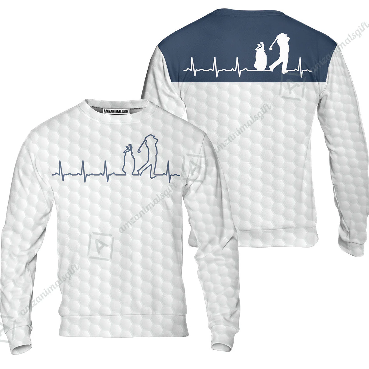 Golf Hoodie - Heartbeat Golfer White And Navy Golf Hoodie, White Golf Ball Pattern Hoodie - Best Gift For Golfers - Image 5