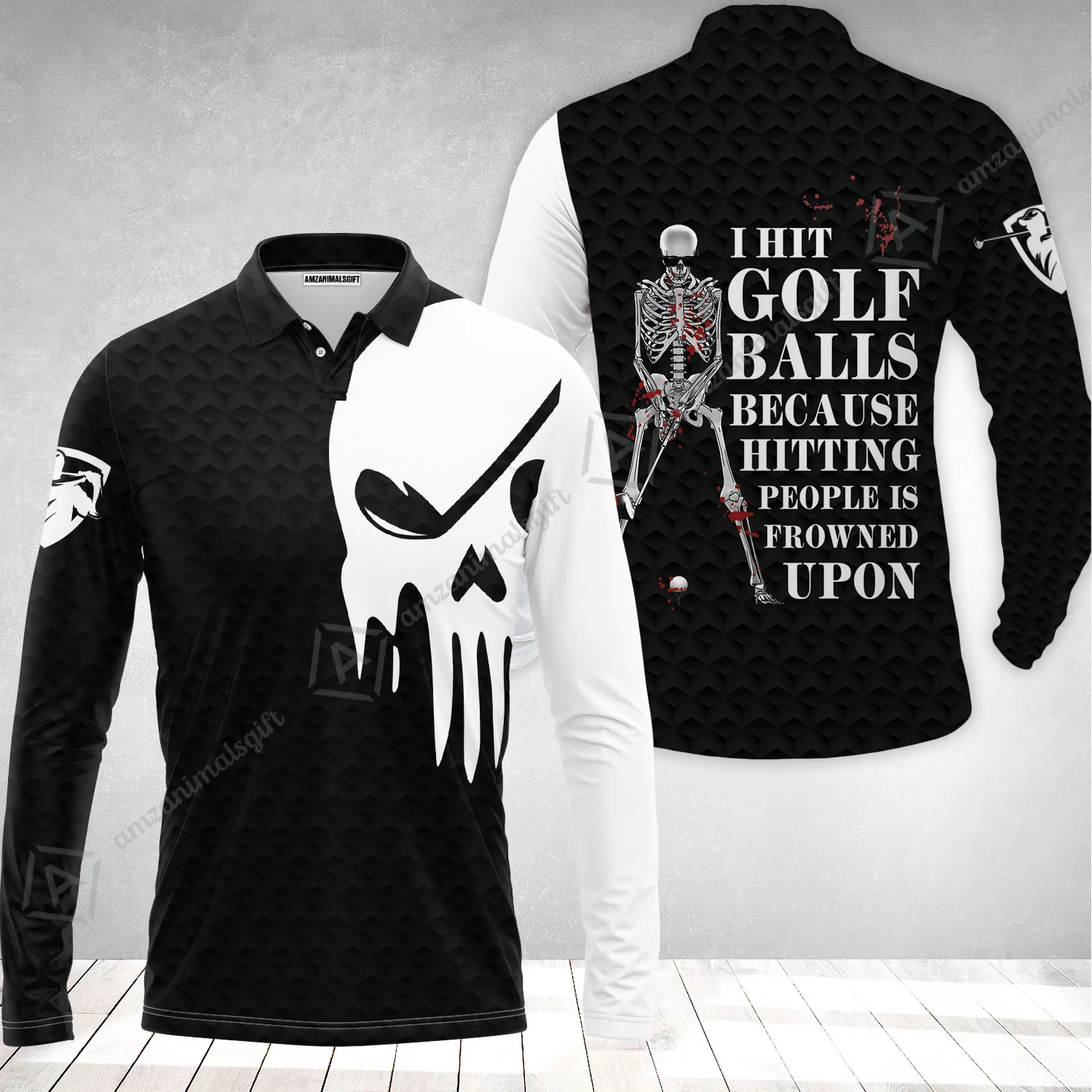 Golf Long Polo Shirt - I Hit Golf Ball Polo Shirt, Black And White Golf Shirt Design With Sayings, Scary Skeleton Golf Shirt - Image 2