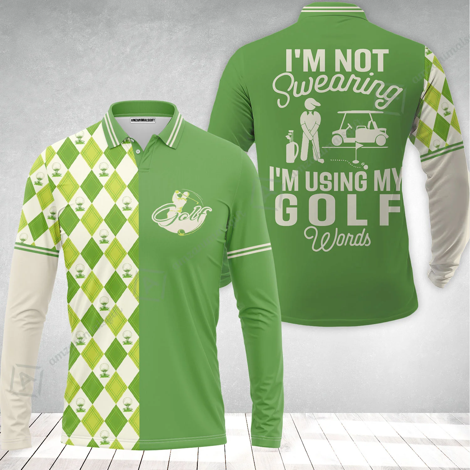 Golf Long Polo Shirt, I'm Not Swearing I'm Using My Golf Words Long Polo Shirt, Green Argyle Pattern Long Polo Shirt - Image 2