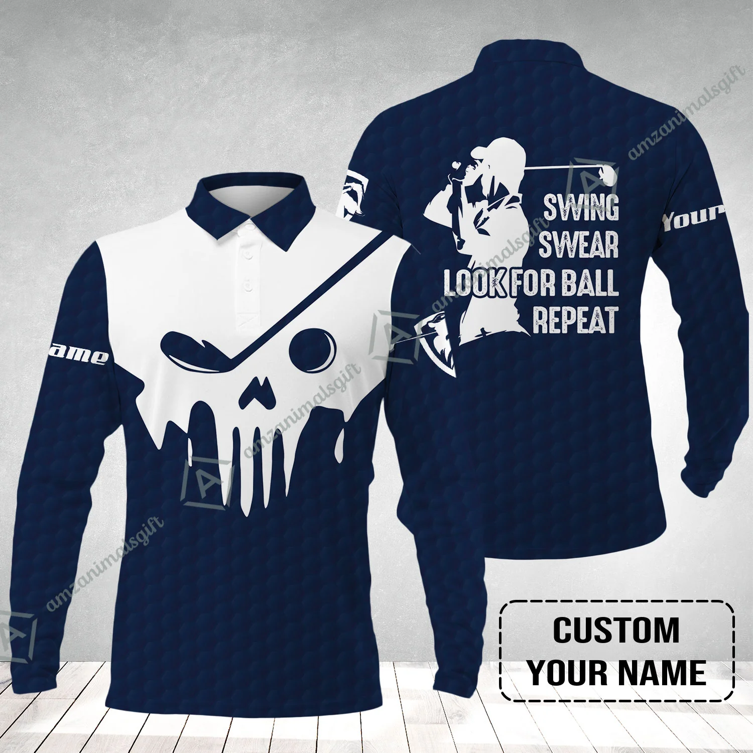 Golf Long Sleeve Men Polo Shirt - Custom Name Golf Skull - Swing Swear Look For Ball Repeat Long Sleeve Men Polo Shirt - Image 2