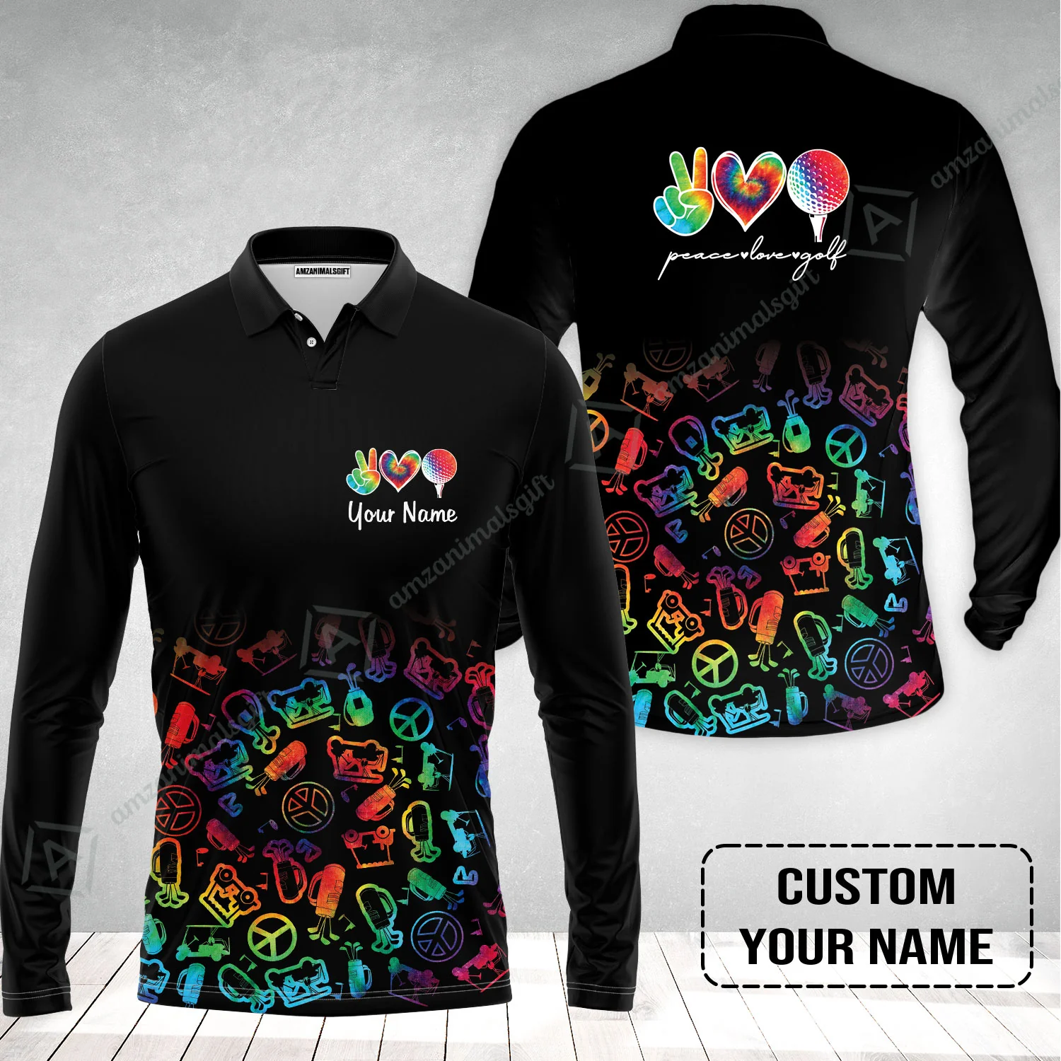 Golf Long Sleeve Men Polo Shirt Custom Name, Watercolor Peace Love Golf Golf Icon Personalized Polo Shirt - Image 2