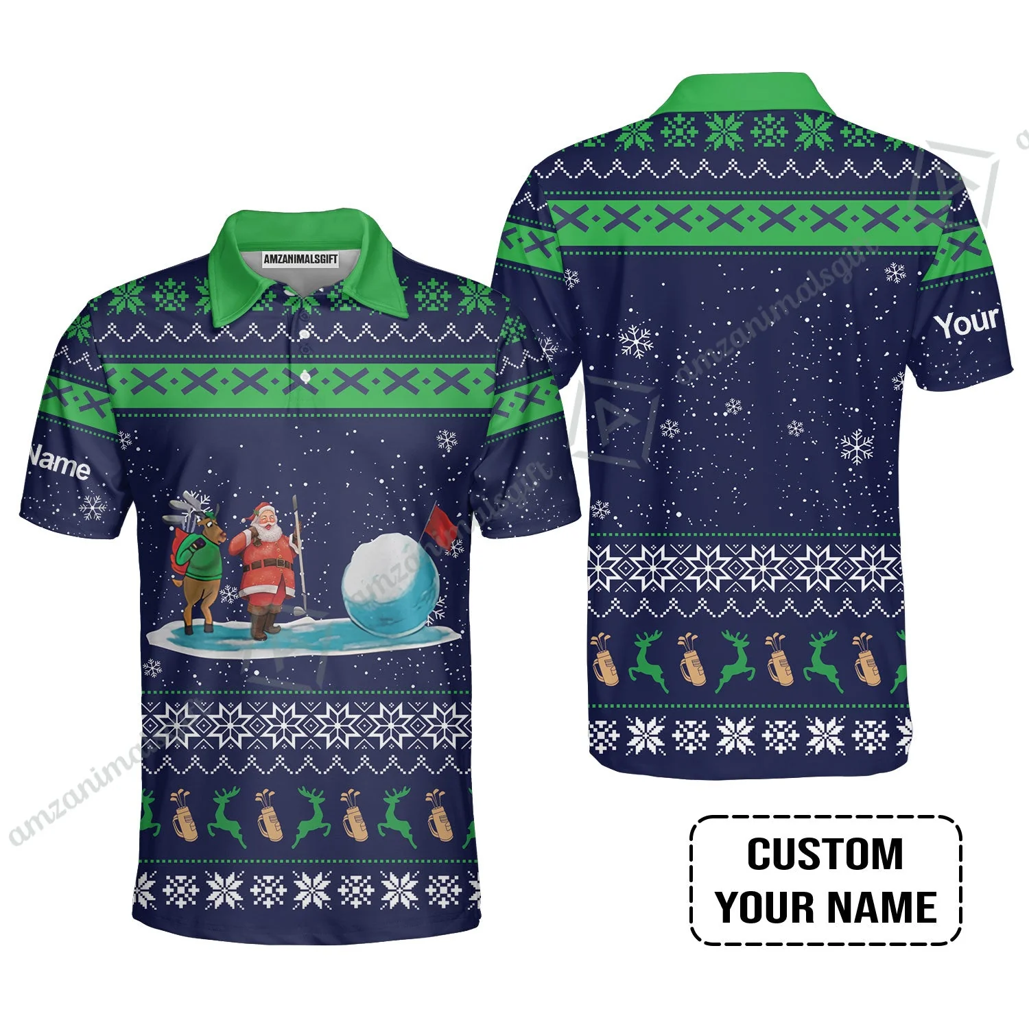 Golf Long Sleeve Men Polo Shirt - Funny Ugly Christmas Pattern Custom Name Apparel - Personalized Gift For Golf Lover, Men, Team, Husband, Boyfriend - Image 3