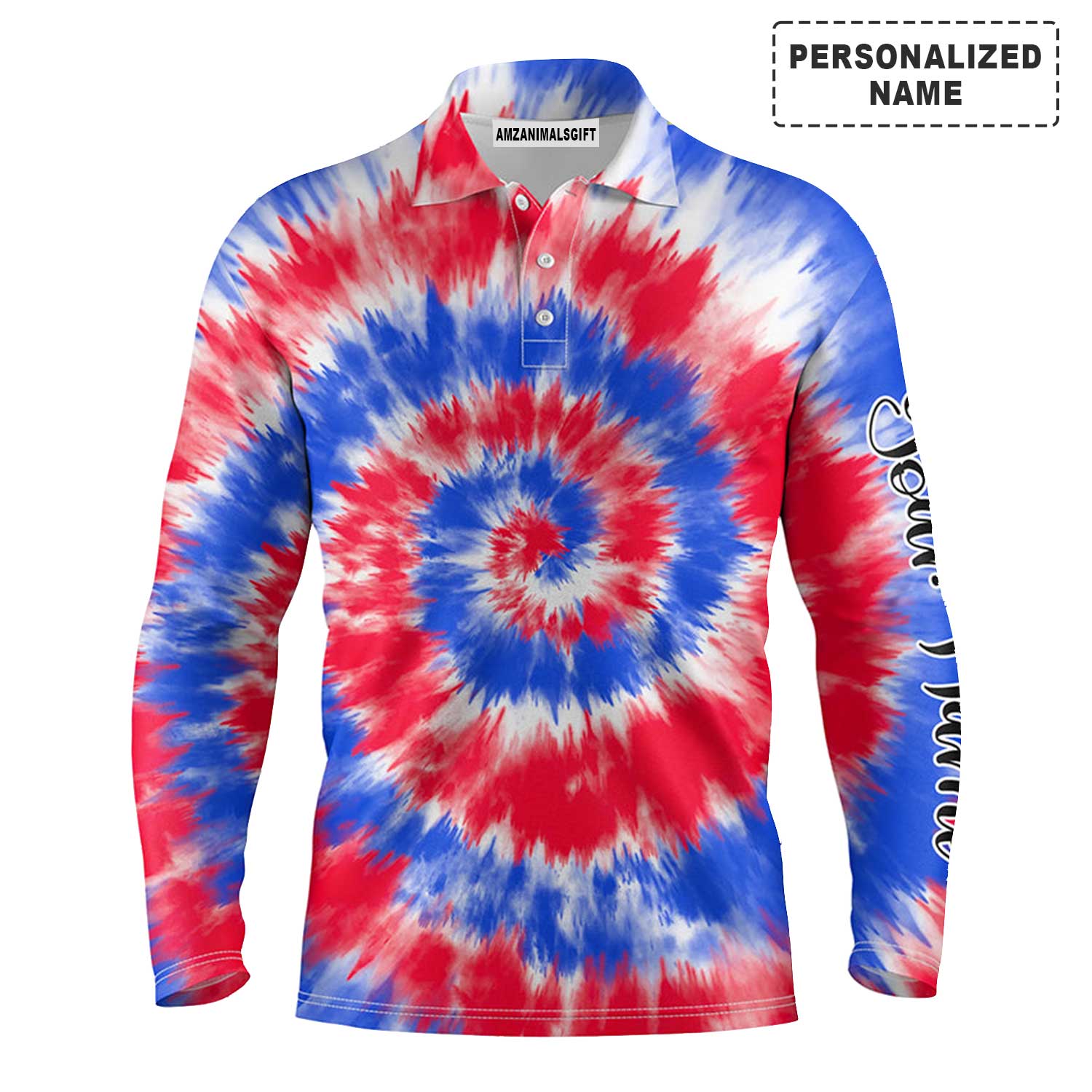 Golf Long Sleeve Men Polo Shirt - Red And Blue Tie Dye Background Custom Name Golf Men Polo Shirt - Personalized Gift For Golf Lover, Team, Golfer, Husband, Boyfriend - Image 2