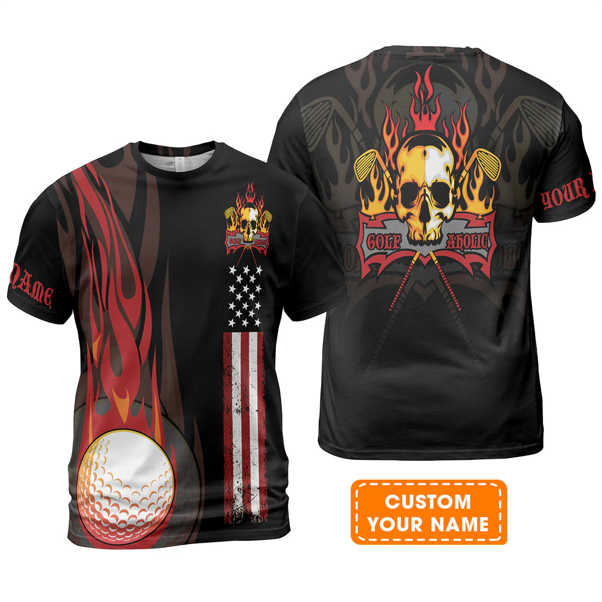 Golf Long Sleeve Shirt - Flame Skull Golf Ball American Flag Custom Name Long Sleeve Shirt - Personalized Gift For Golf Lover, Men, Patriotic - Image 12