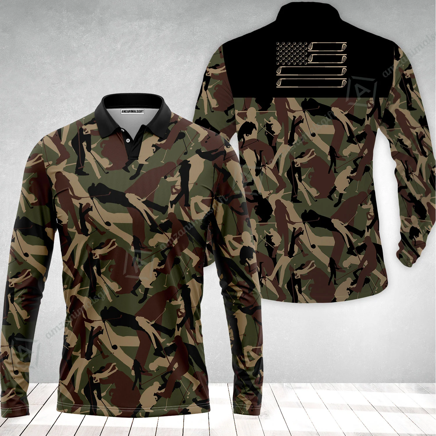 Golf Men Long Polo Shirt - Golf Camouflage Pattern Golf Polo Shirt, Military Golfing Polo Shirt, Camo Golf Shirt - Image 2