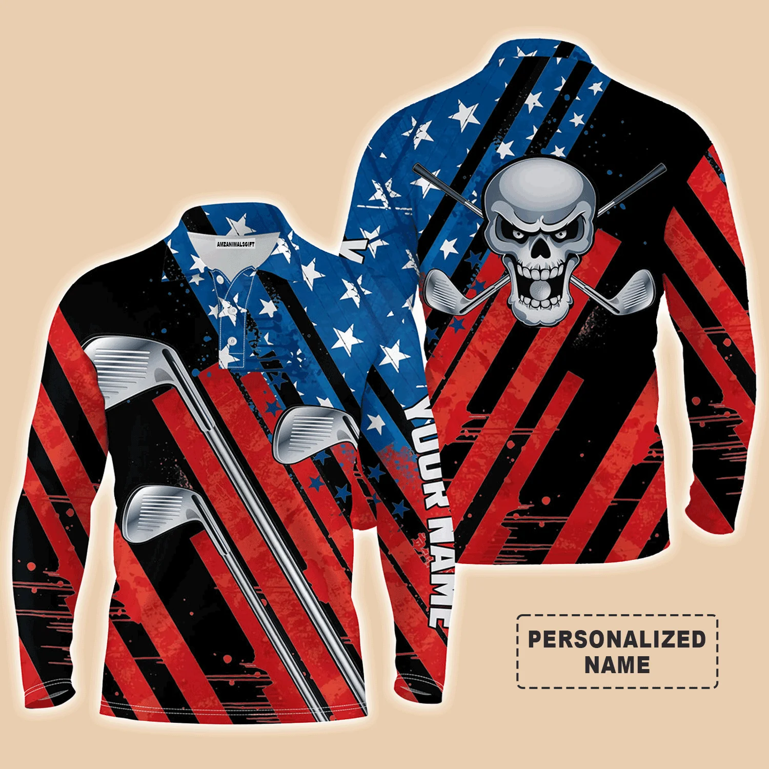 Golf Men Polo Shirt - American Flag 4th July Skull Golf Clubs Custom Name Apparel - Personalized Gift For Golf Lover, Men, Patriot, Independence Day - Image 4