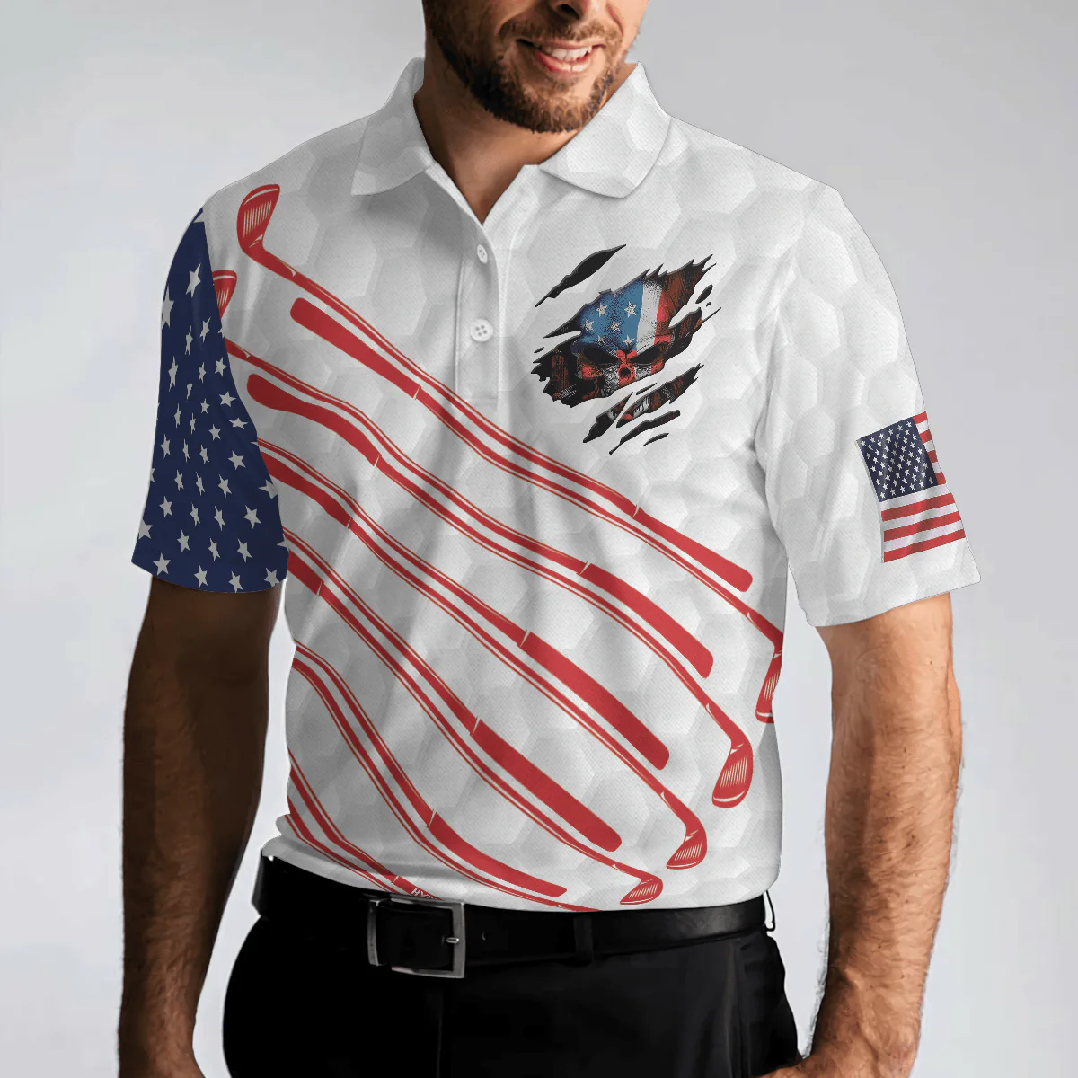 Golf Men Polo Shirt, American Flag Skull, Patriotic Golf Shirt For Men - Best Gift For Golfers, Golf Lovers - Image 5
