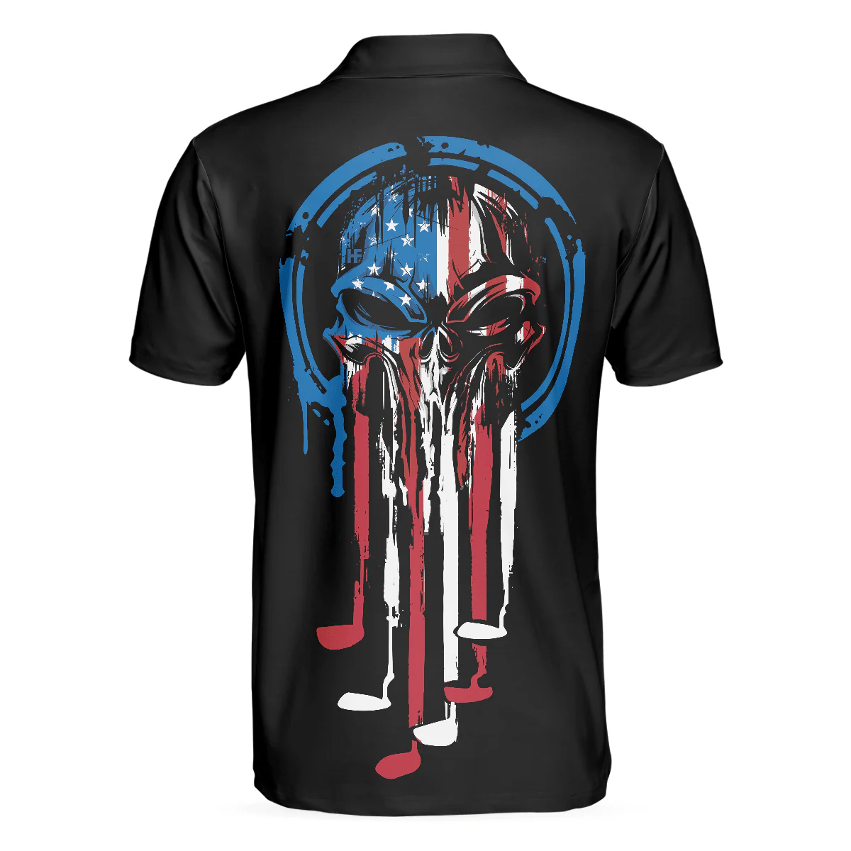 Golf Men Polo Shirt, American Skull Golf Clubs Polo Shirt Black, Wet Paint American Flag Skull Polo Shirt For Men - Gift For Golfers, Golf Lovers - Image 2