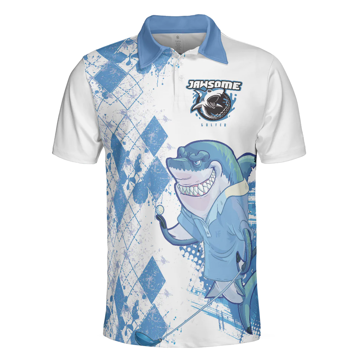 Golf Men Polo Shirt, Argyle Pattern American Flag Shark Polo Shirt, Jawsome Golfer Shark Shirts For Men - Gift For Golf Lovers, Golfers