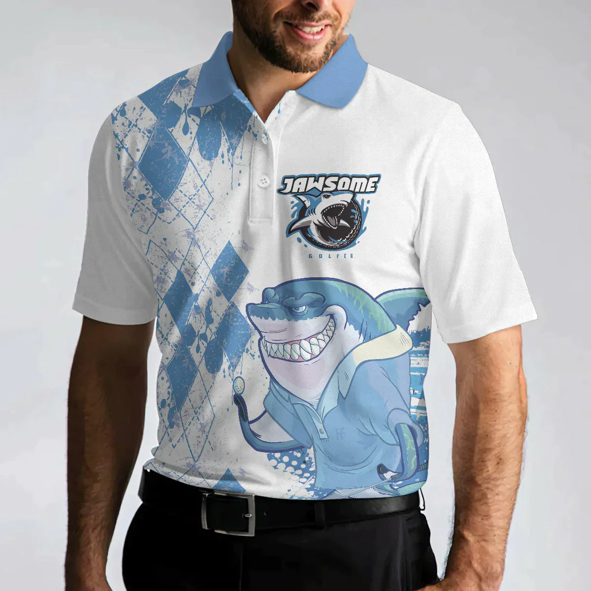 Golf Men Polo Shirt, Argyle Pattern American Flag Shark Polo Shirt, Jawsome Golfer Shark Shirts For Men - Gift For Golf Lovers, Golfers - Image 2
