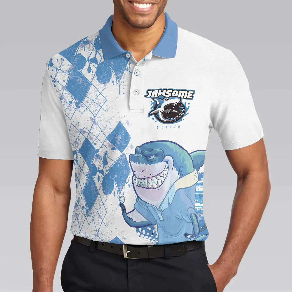 Golf Men Polo Shirt, Argyle Pattern American Flag Shark Polo Shirt, Jawsome Golfer Shark Shirts For Men - Gift For Golf Lovers, Golfers - Image 3