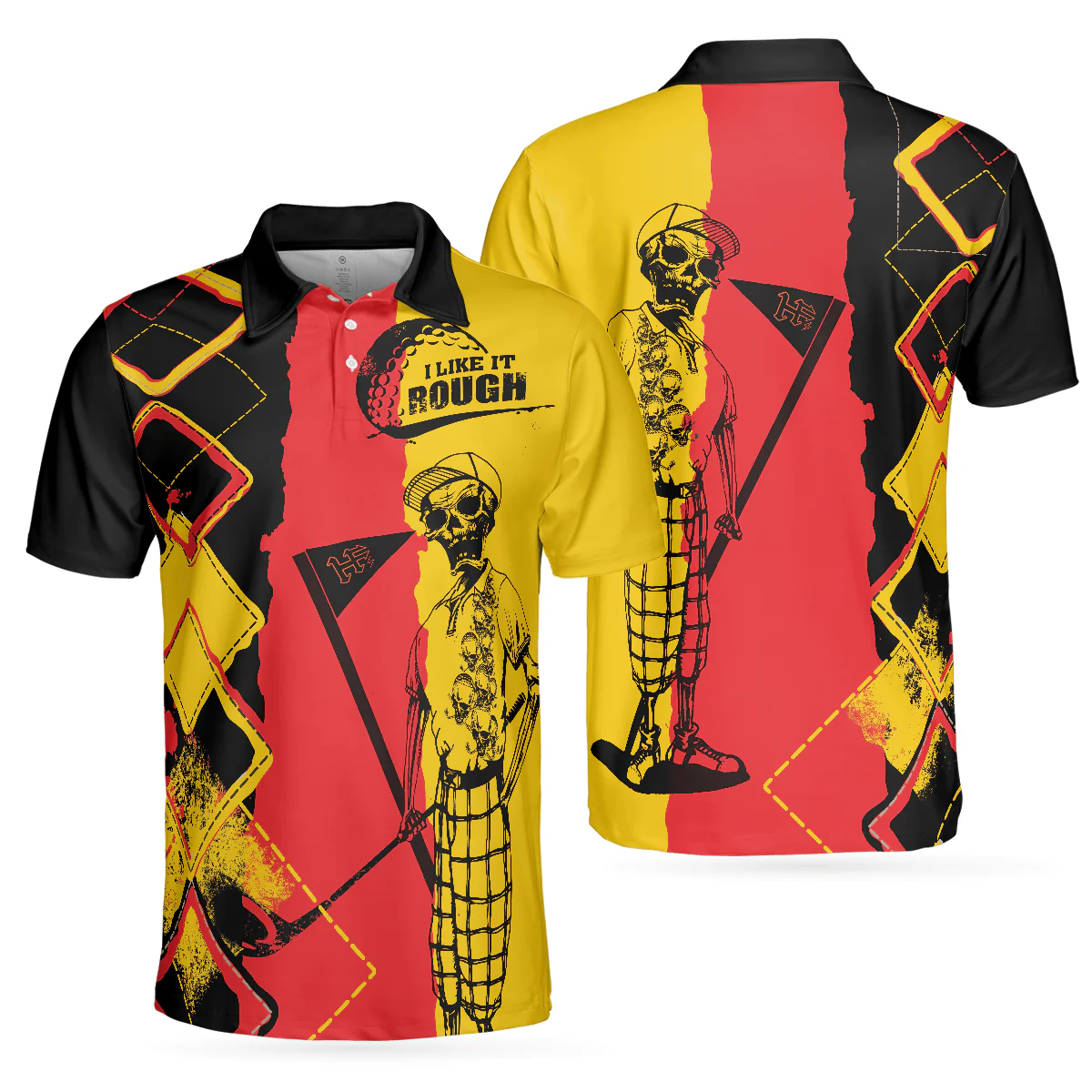 Golf Men Polo Shirt, Argyle Pattern German Flag Skeleton, Golf I Like It Rough Polo Shirt For Men - Gift For Golf Lovers, Golfers