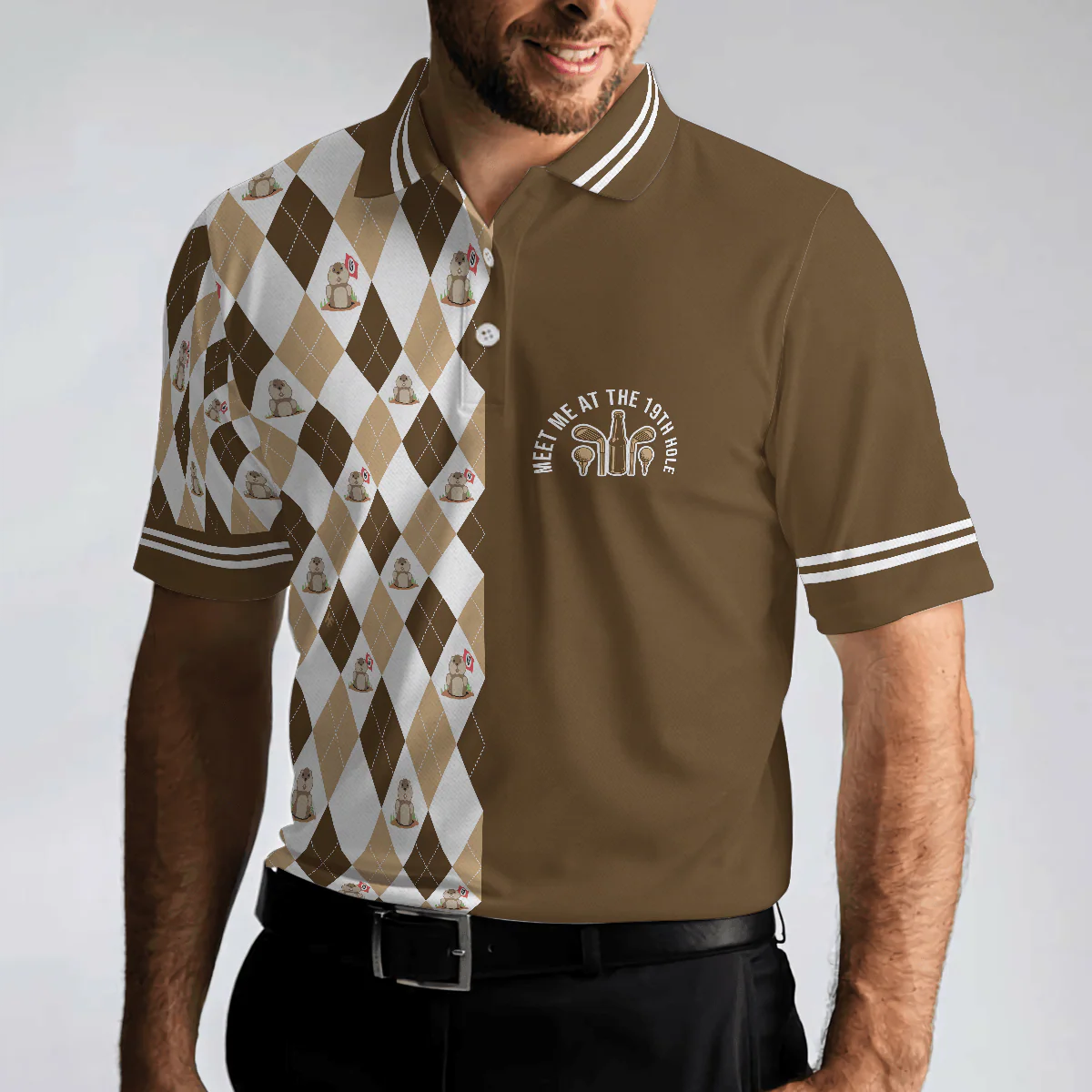 Golf Men Polo Shirt, Argyle Pattern Golf Shirts, Gopher Meet Me At The 19th Hole Short Sleeve Polo Shirt For Men - Gift For Golfers, Golf Lovers - Image 4