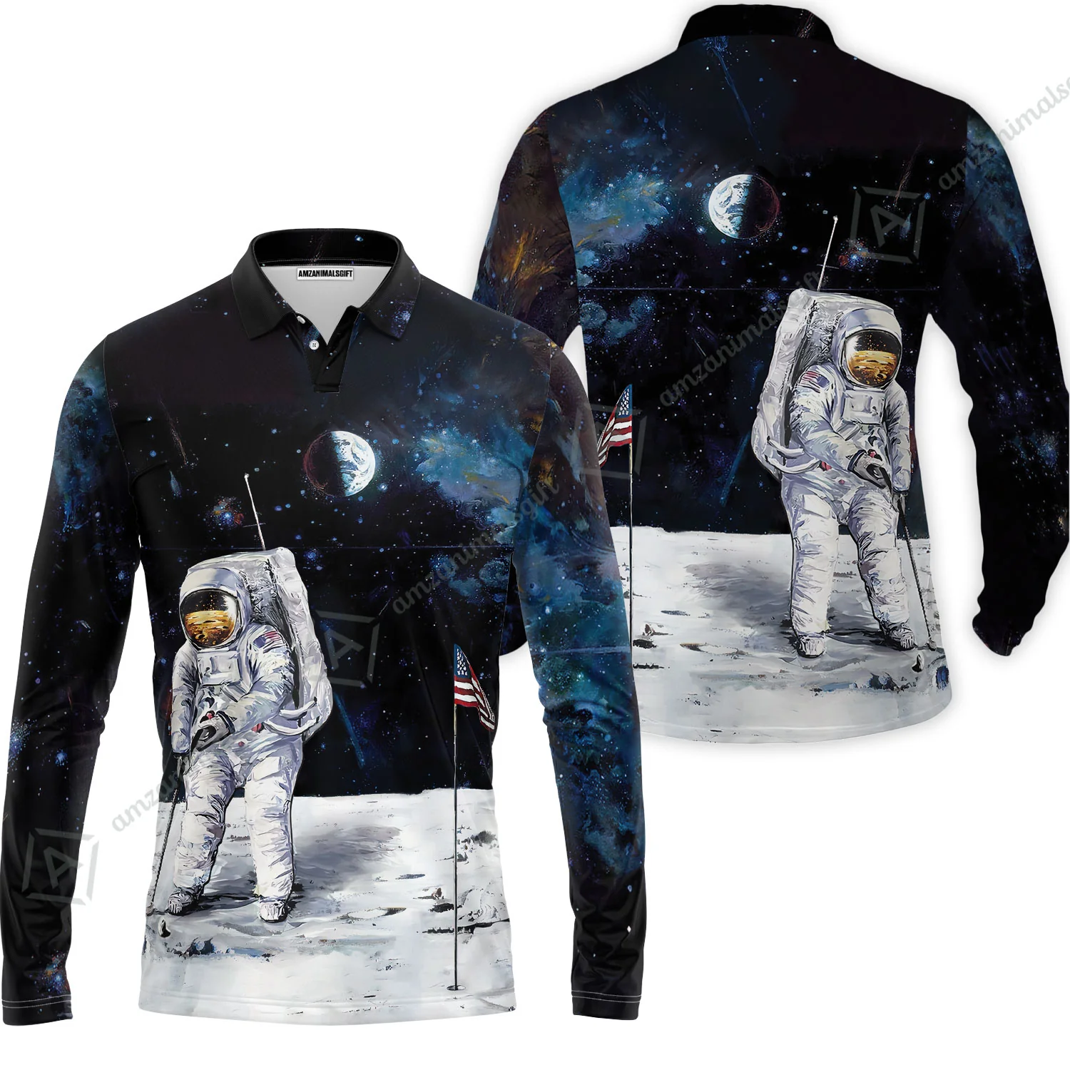 Golf Men Polo Shirt - Astronaut Moon Golf Men Polo Shirt, American Flag Men Polo Shirt - Image 3