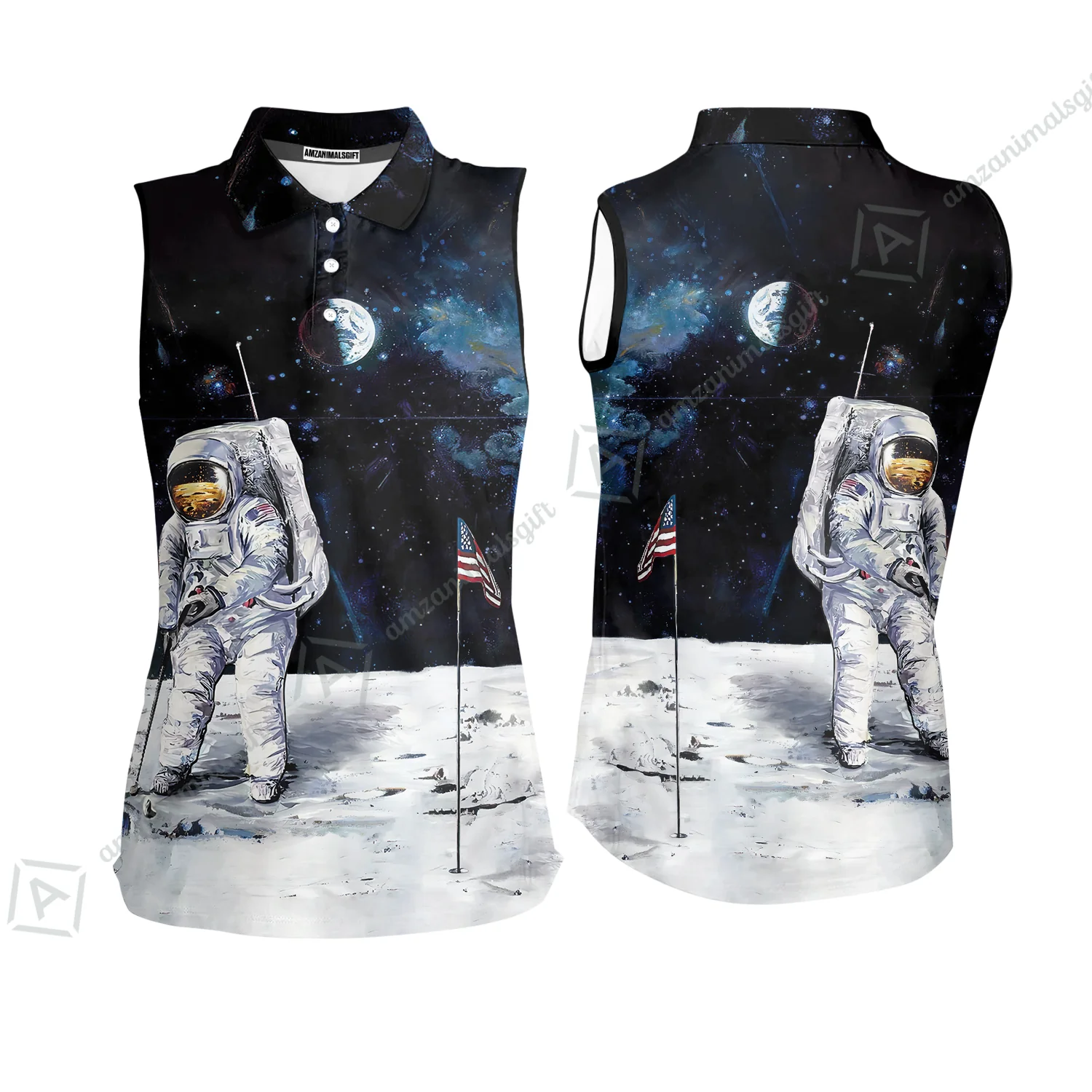 Golf Men Polo Shirt - Astronaut Moon Golf Men Polo Shirt, American Flag Men Polo Shirt - Image 6