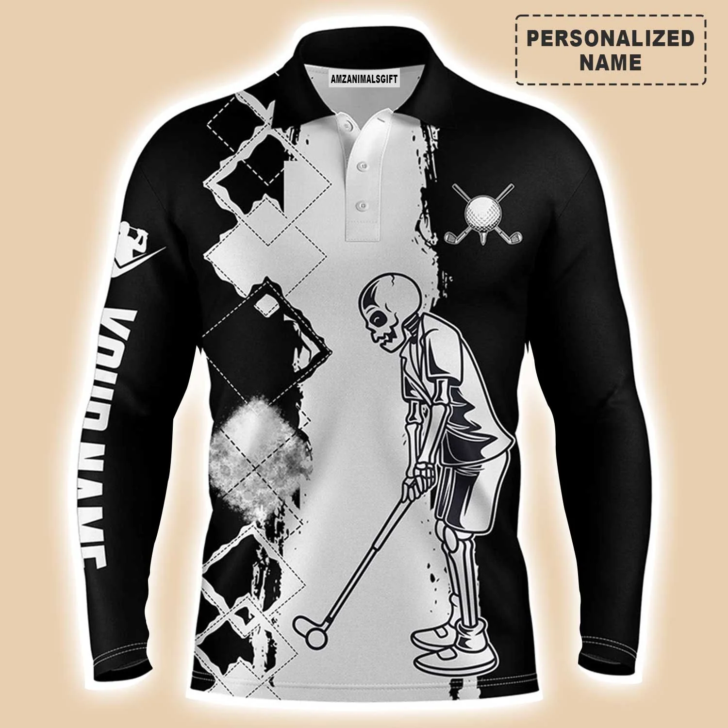 Golf Men Polo Shirt - Black And White Mens Skull Golfing Custom Name Apparel - Personalized Gift For Golf Lover, Team, Golfer - Image 2