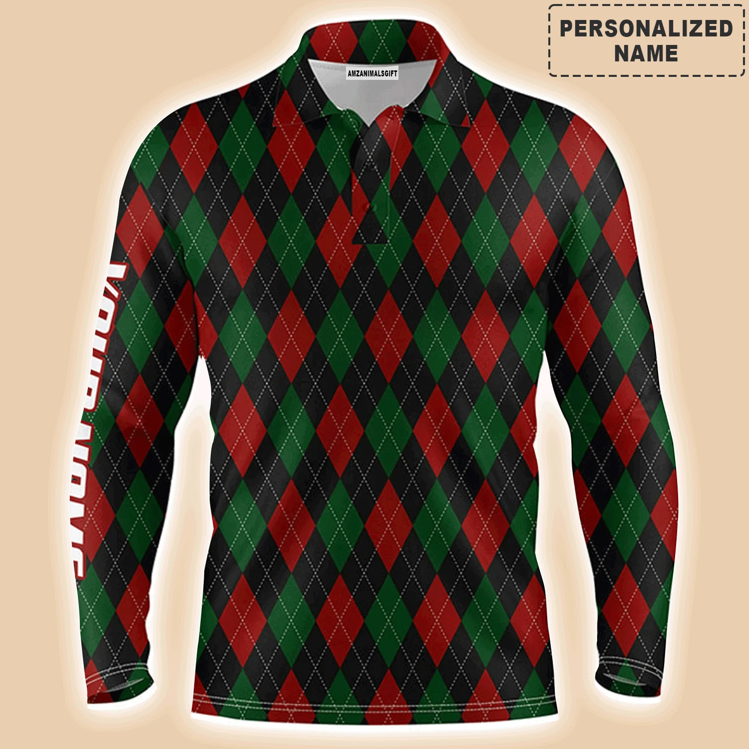Golf Men Polo Shirt - Christmas Plaid Argyle Pattern Custom Name Apparel - Personalized Gift For Golf Lover, Men, Husband, Boyfriend, Team - Image 2