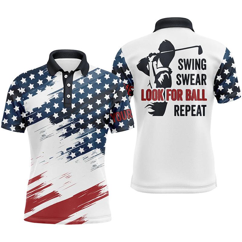 Golf Men Polo Shirt - Custom Name American Flag Apparel - Personalized Gift For Golf Lover, Team, Golfer, Patriotic - Swing Swear Look For Ball Repeat - Image 2