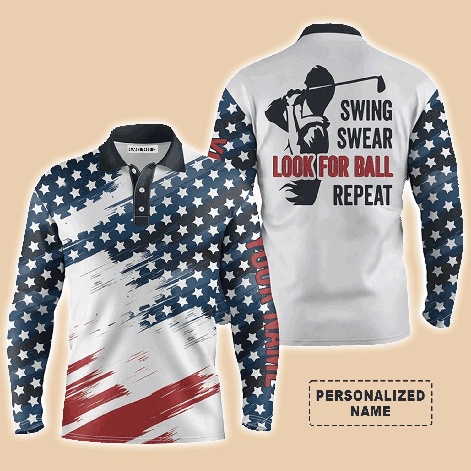 Golf Men Polo Shirt - Custom Name American Flag Apparel - Personalized Gift For Golf Lover, Team, Golfer, Patriotic - Swing Swear Look For Ball Repeat - Image 3