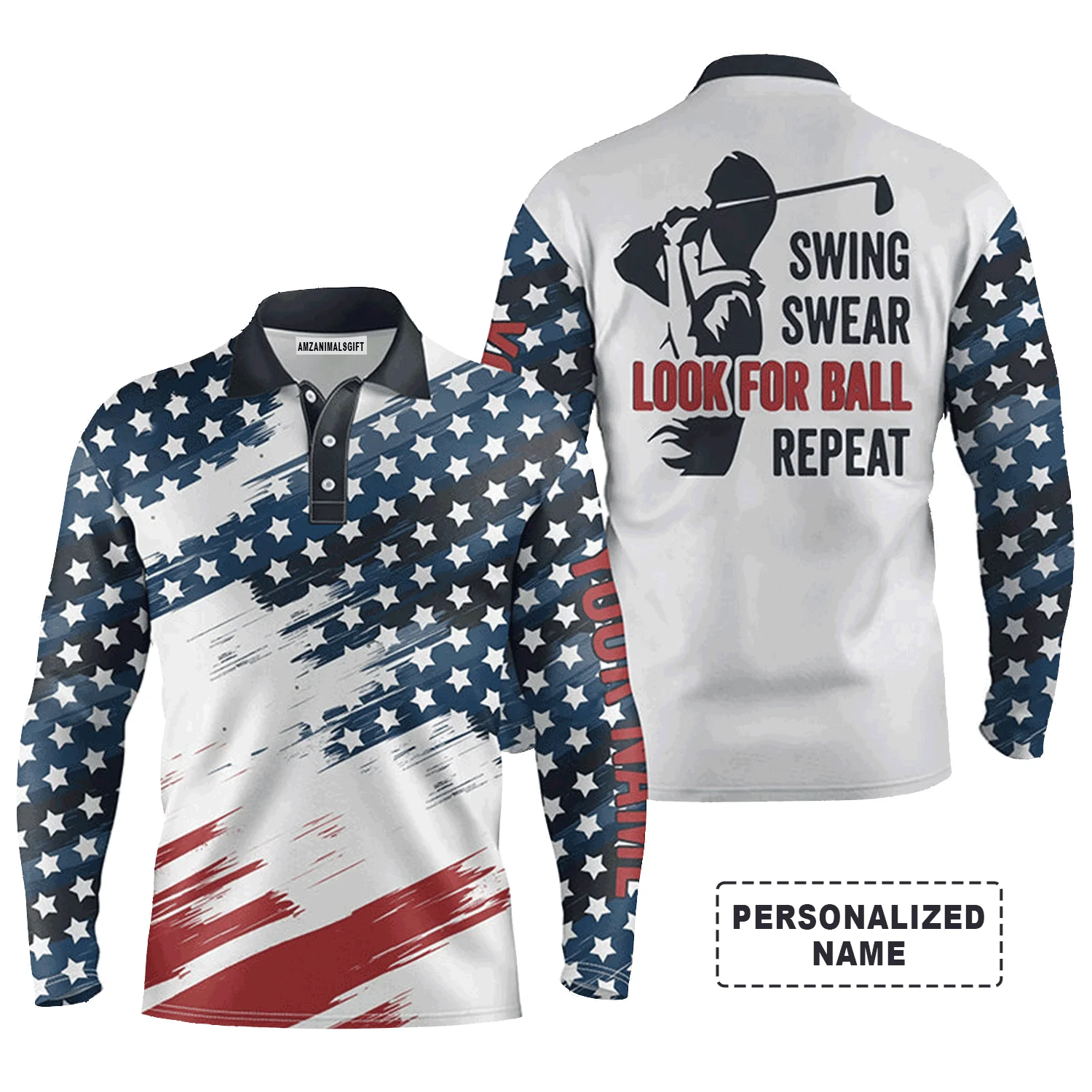 Golf Men Polo Shirt - Custom Name American Flag Apparel - Personalized Gift For Golf Lover, Team, Golfer, Patriotic - Swing Swear Look For Ball Repeat - Image 4